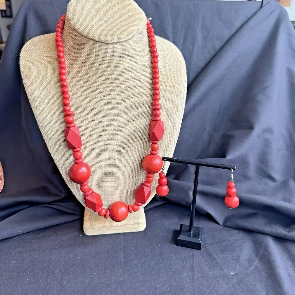 Necklace w Matching Earrings Fashion Set Statement Chunky Red Light Wooden Bead